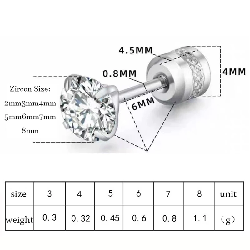 Stainless Steel 4 Color CZ Zircon korean Earrings For Women Crystal Screw Titanium Steel Ear Studs Anti Allergic Body Jewelry