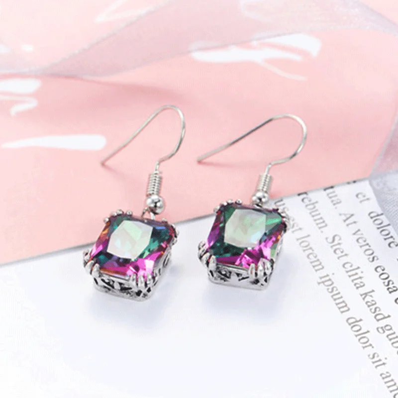 Trendy 925 Sterling Silver Jewelry Sets for Women Ethnic Square Rhinestone Pendant Necklace Hook Earrings Set Party Jewelry GIft