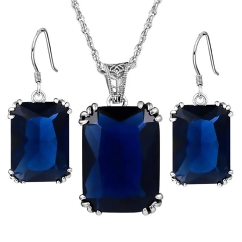 Trendy 925 Sterling Silver Jewelry Sets for Women Ethnic Square Rhinestone Pendant Necklace Hook Earrings Set Party Jewelry GIft