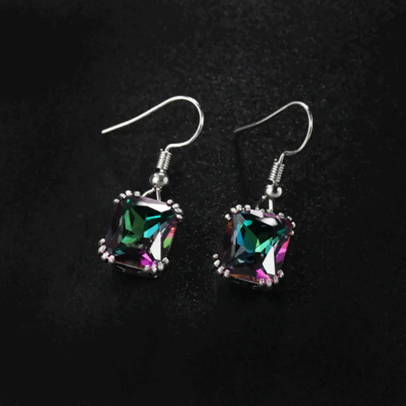 Trendy 925 Sterling Silver Jewelry Sets for Women Ethnic Square Rhinestone Pendant Necklace Hook Earrings Set Party Jewelry GIft