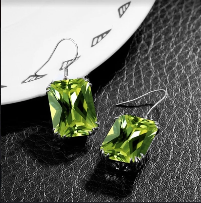 Trendy 925 Sterling Silver Jewelry Sets for Women Ethnic Square Rhinestone Pendant Necklace Hook Earrings Set Party Jewelry GIft