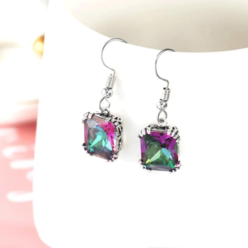 Trendy 925 Sterling Silver Jewelry Sets for Women Ethnic Square Rhinestone Pendant Necklace Hook Earrings Set Party Jewelry GIft