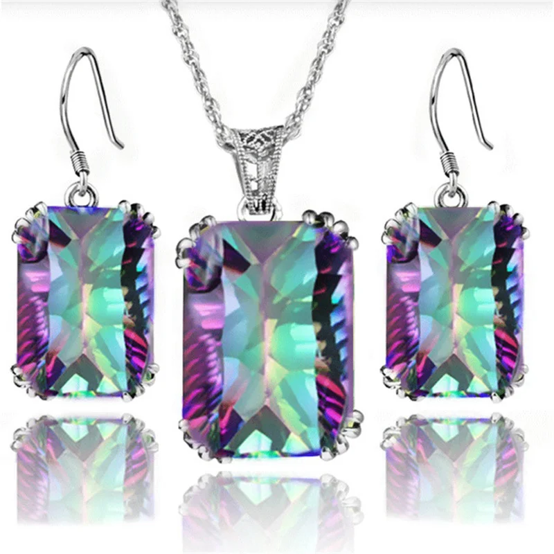 Trendy 925 Sterling Silver Jewelry Sets for Women Ethnic Square Rhinestone Pendant Necklace Hook Earrings Set Party Jewelry GIft