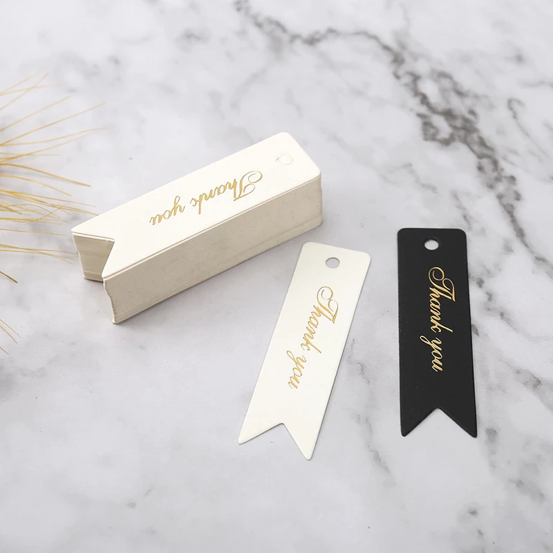 50Pcs 2x7cm Gold Foil Thank You Tag Cake Decoration for Wedding Guest Gift Birthday Party Labels Paper Tags Gift Listing Card
