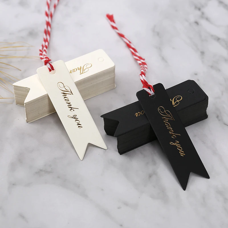 50Pcs 2x7cm Gold Foil Thank You Tag Cake Decoration for Wedding Guest Gift Birthday Party Labels Paper Tags Gift Listing Card