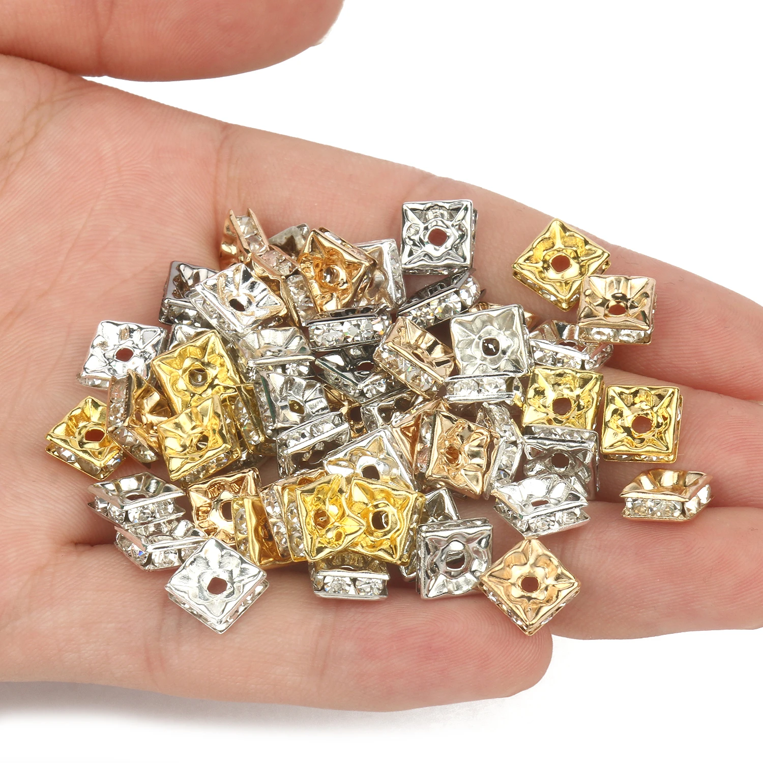 50pcs Square Rhinestone Crystal Spacer Beads 6 8mm Silver Plated Rondelle Loose Beads for DIY Bracelets Jewelry Making Crafts