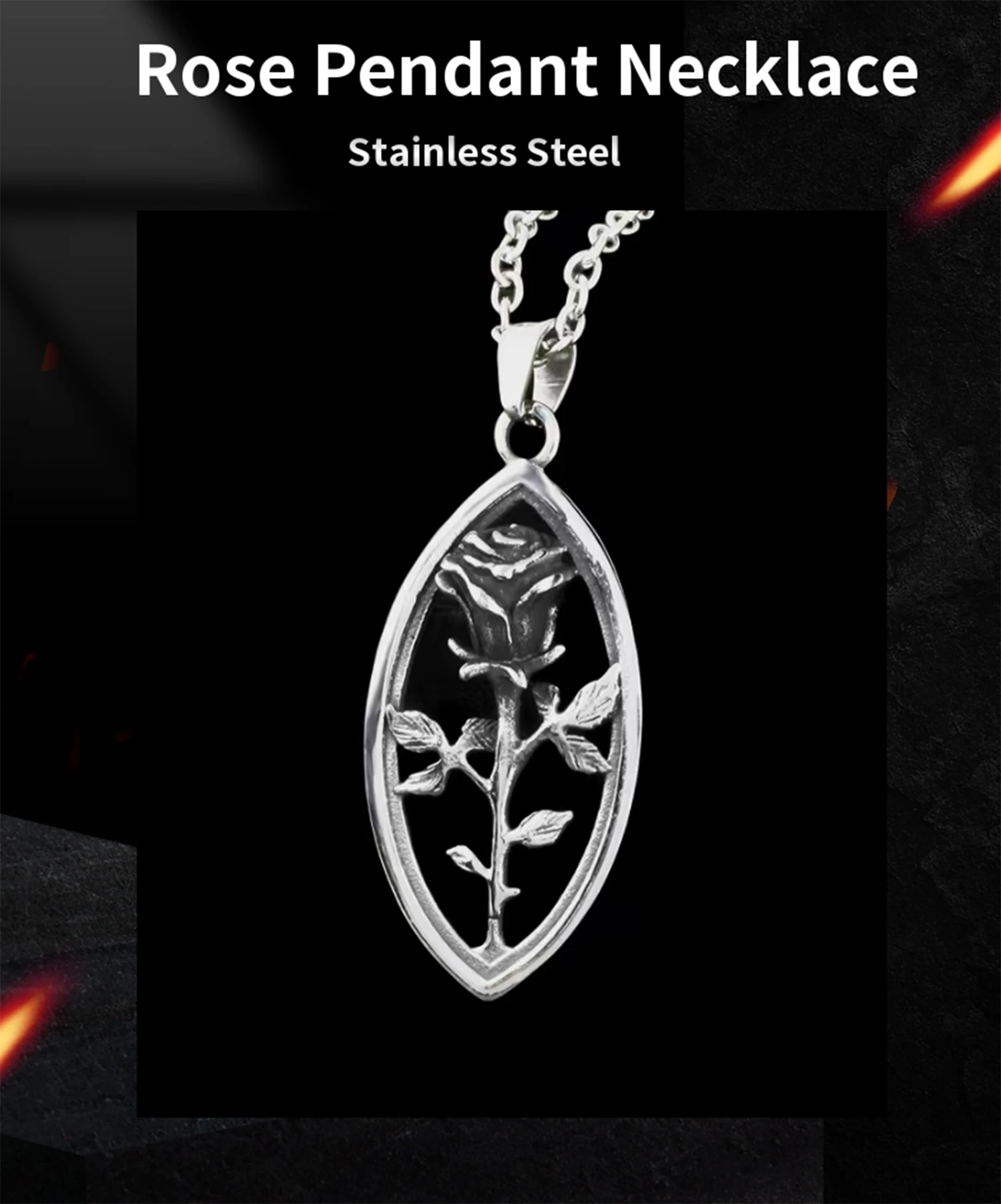 316L Stainless Steel Fashion Retro 3D Rose Men's Pendant Necklace European and American Trendy Men's Jewelry Couple Gifts