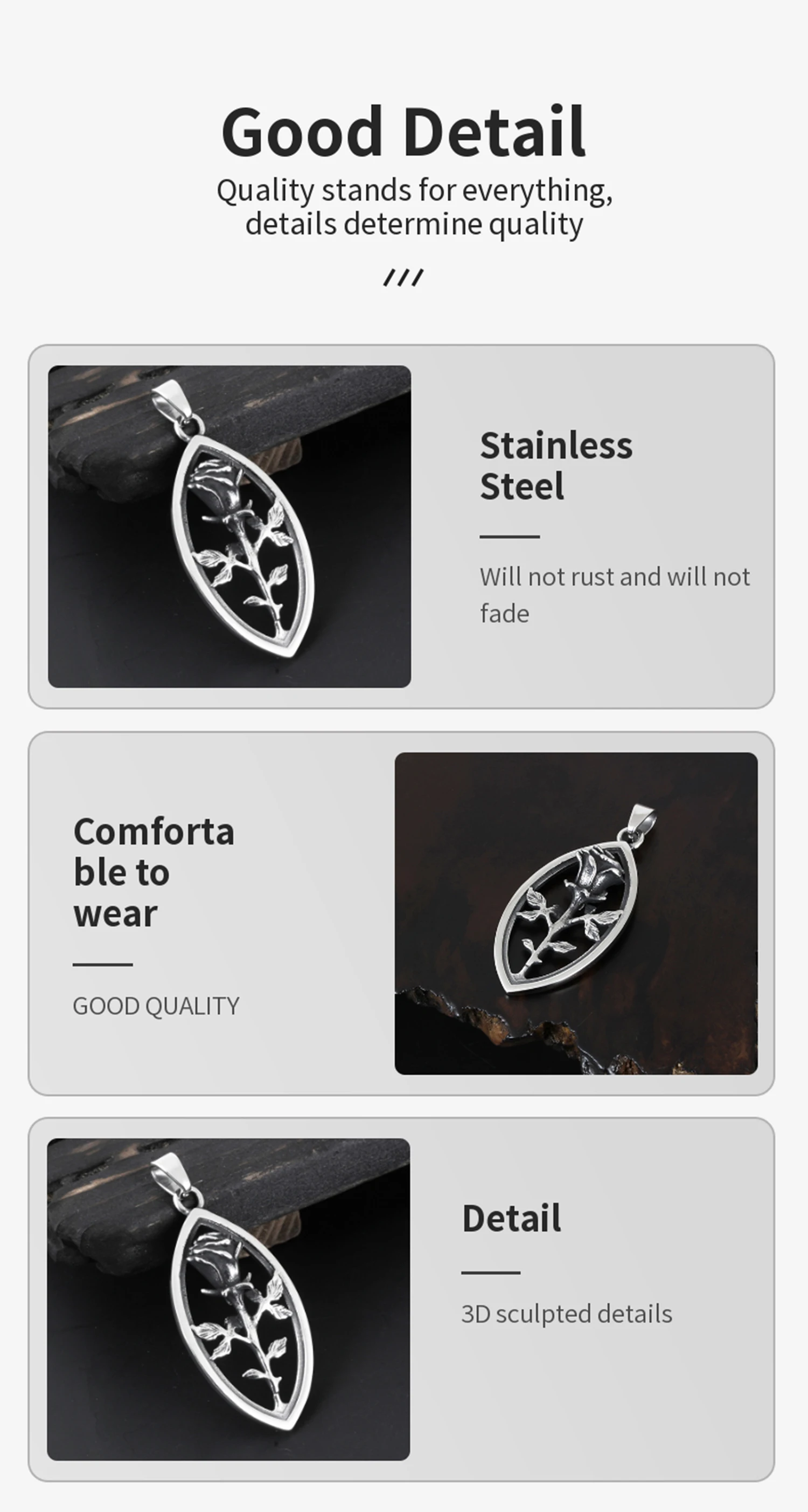 316L Stainless Steel Fashion Retro 3D Rose Men's Pendant Necklace European and American Trendy Men's Jewelry Couple Gifts