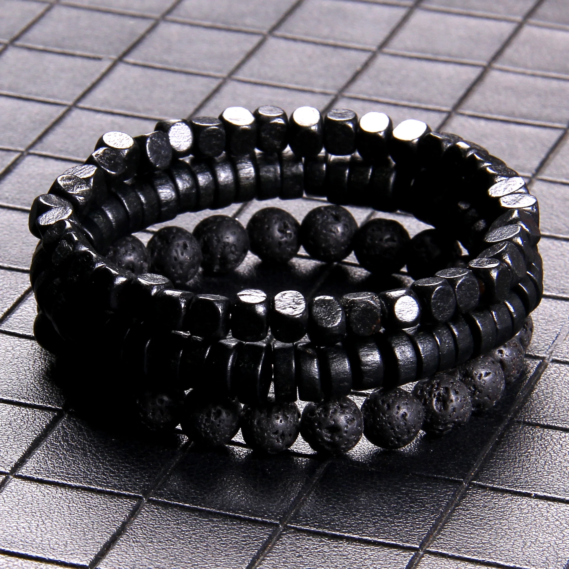 Fashion Natural Stone Beads Men Bracelet Multilayer Black Lava Onyx Beads Charm Punk Bracelet Bangles Women Jewelry Couples Gift