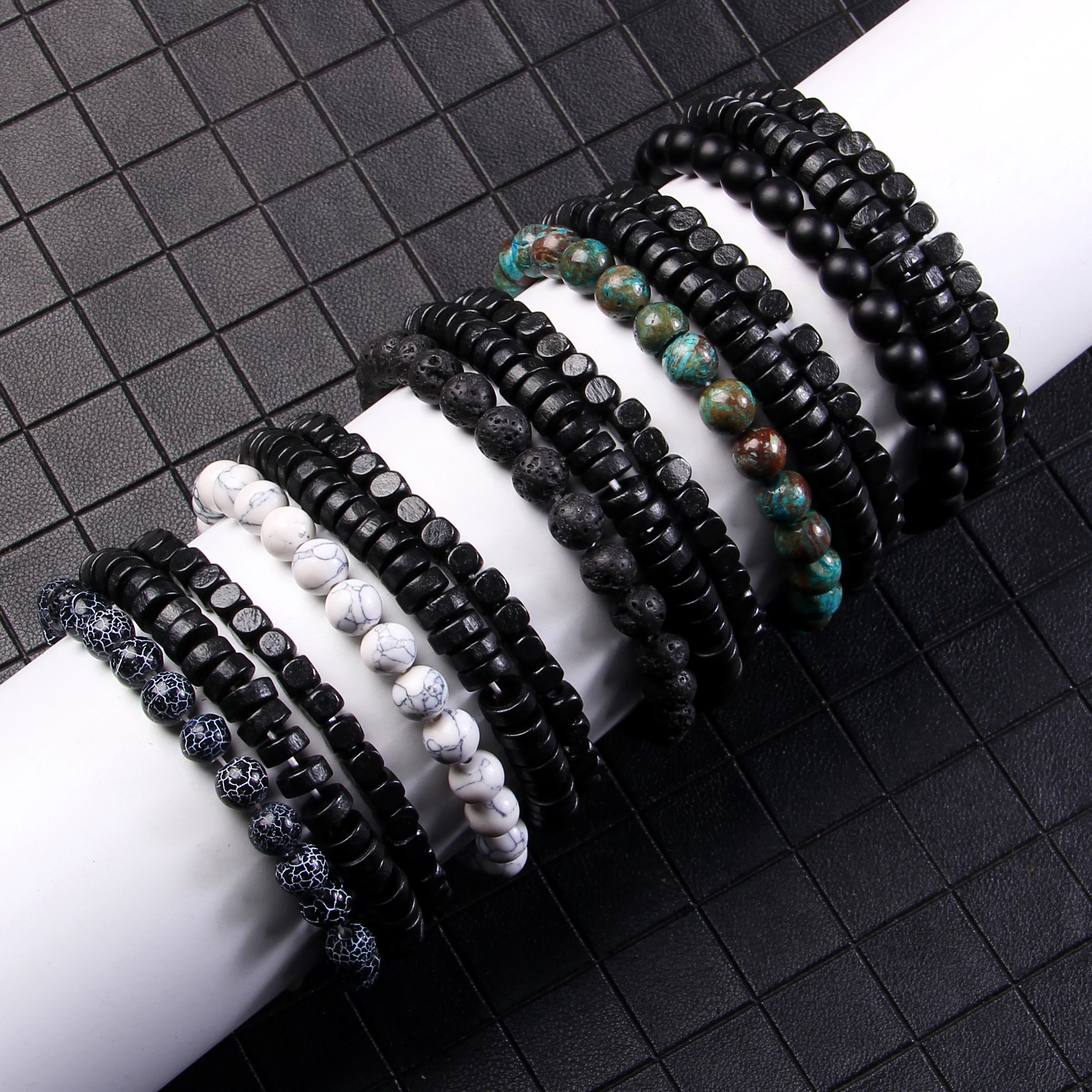 Fashion Natural Stone Beads Men Bracelet Multilayer Black Lava Onyx Beads Charm Punk Bracelet Bangles Women Jewelry Couples Gift