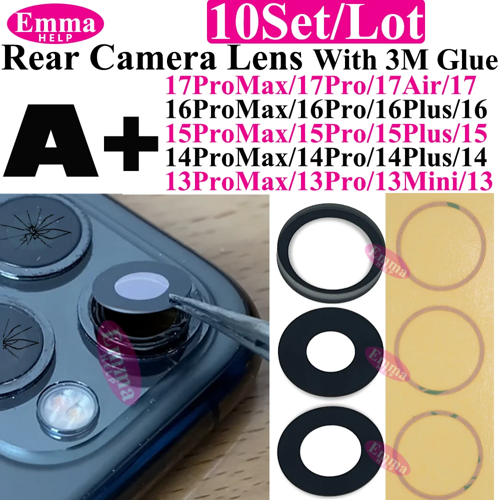 10pcs A+ Back Camera Glass for iPhone 17 Air 16 Plus 15 Pro Max 14 13 Mini 12 Rear Camera Glass Lens Cover Holder Parts