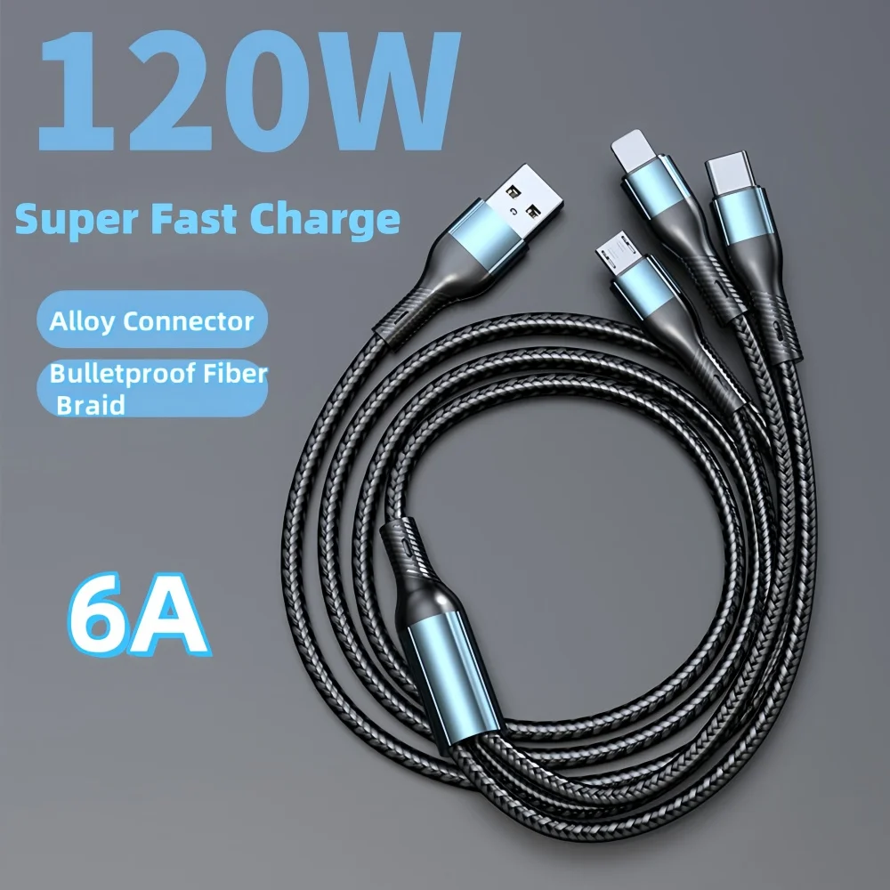 6A 120W 3 in 1 USB Type C Cable Fast Charge Phone Charger Data Cord For iPhone Samsung Xiaomi Huawei Quick Charge Micro USB Wire