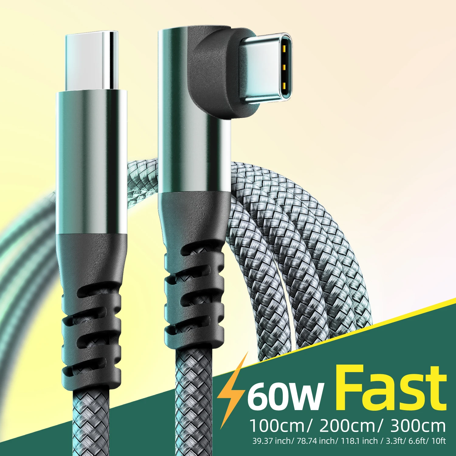 60W Fast Charging C to C Elbow Data Cable 1m 2m 3m Compatible with Apple 15 16 Samsung Xiaomi Redmi Type C Charging Cable