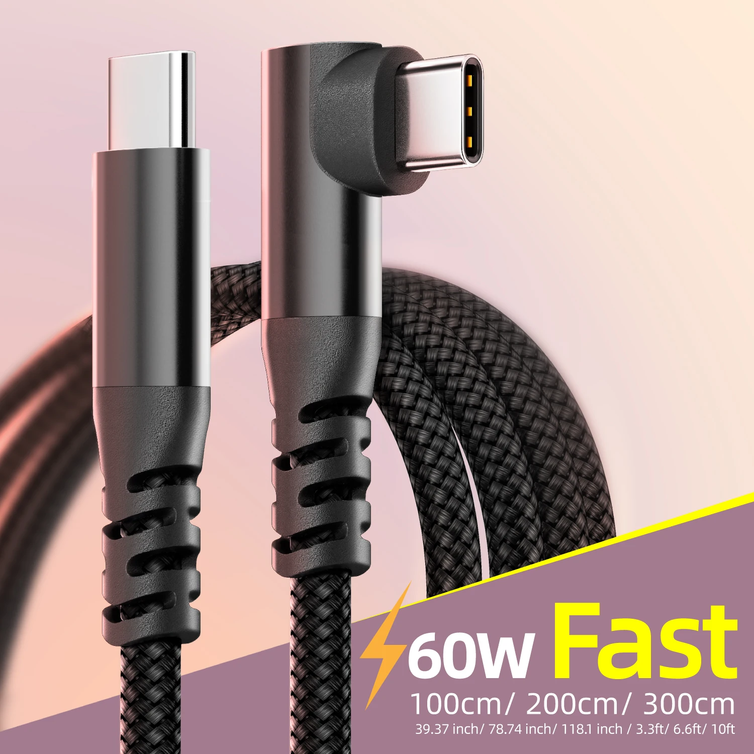 60W Fast Charging C to C Elbow Data Cable 1m 2m 3m Compatible with Apple 15 16 Samsung Xiaomi Redmi Type C Charging Cable
