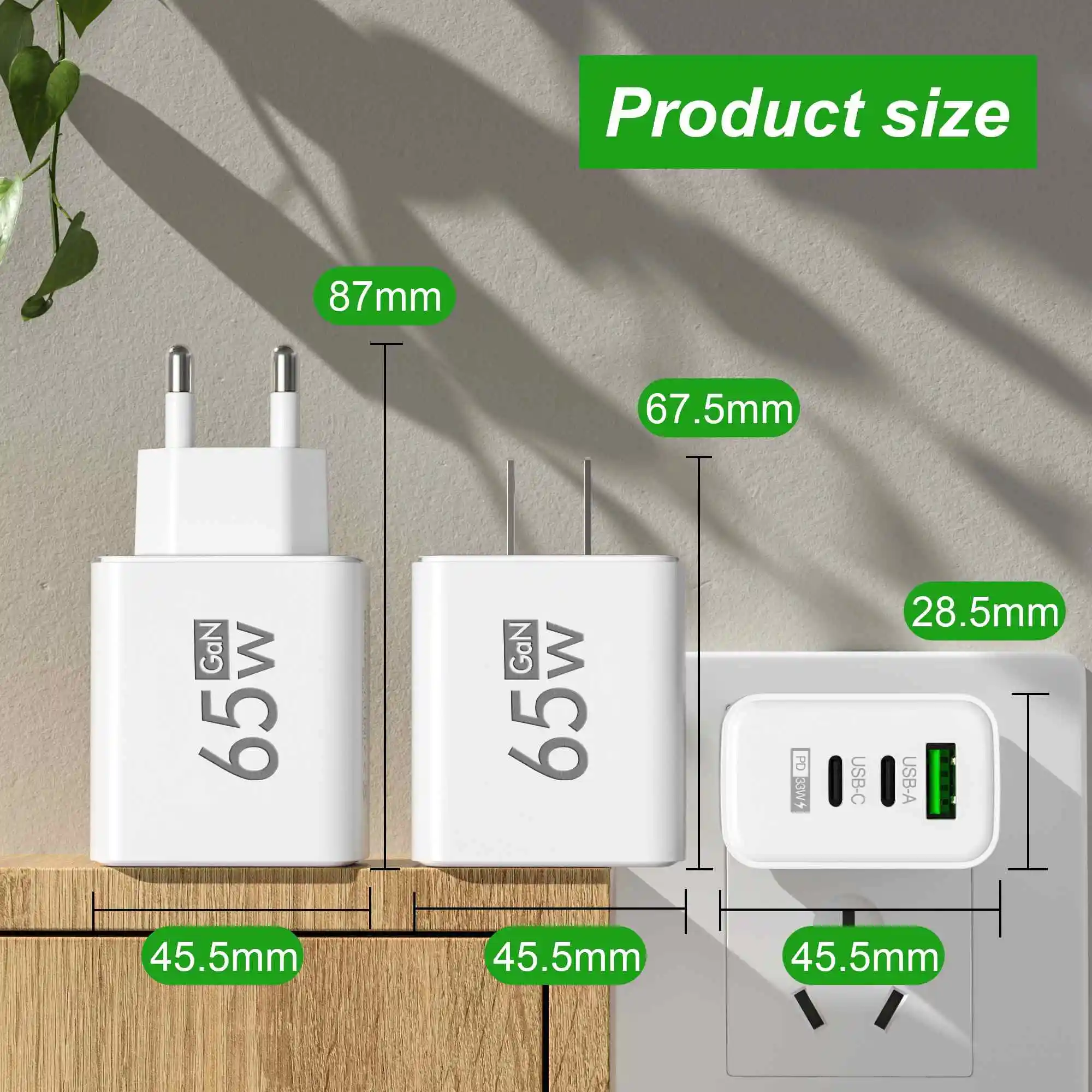 GaN 65W USB C Wall Charger Mobile Phone PD Type C Quick Charger Power Adapter for Samsung Xiaomi iPhone Fast Charging carregador
