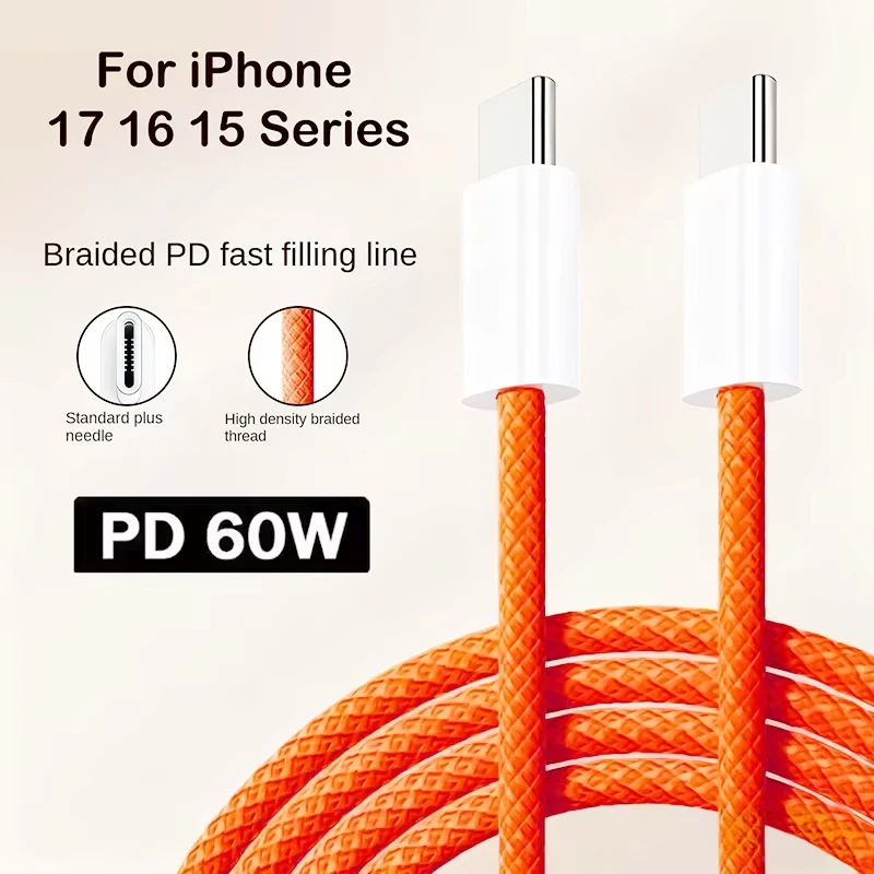 60W PD Nylon Braided USB-C to USB C Fast Charger Cable For iPhone 17 16 15 /Pro Max Compatibility Samsung Type C Fast Charging