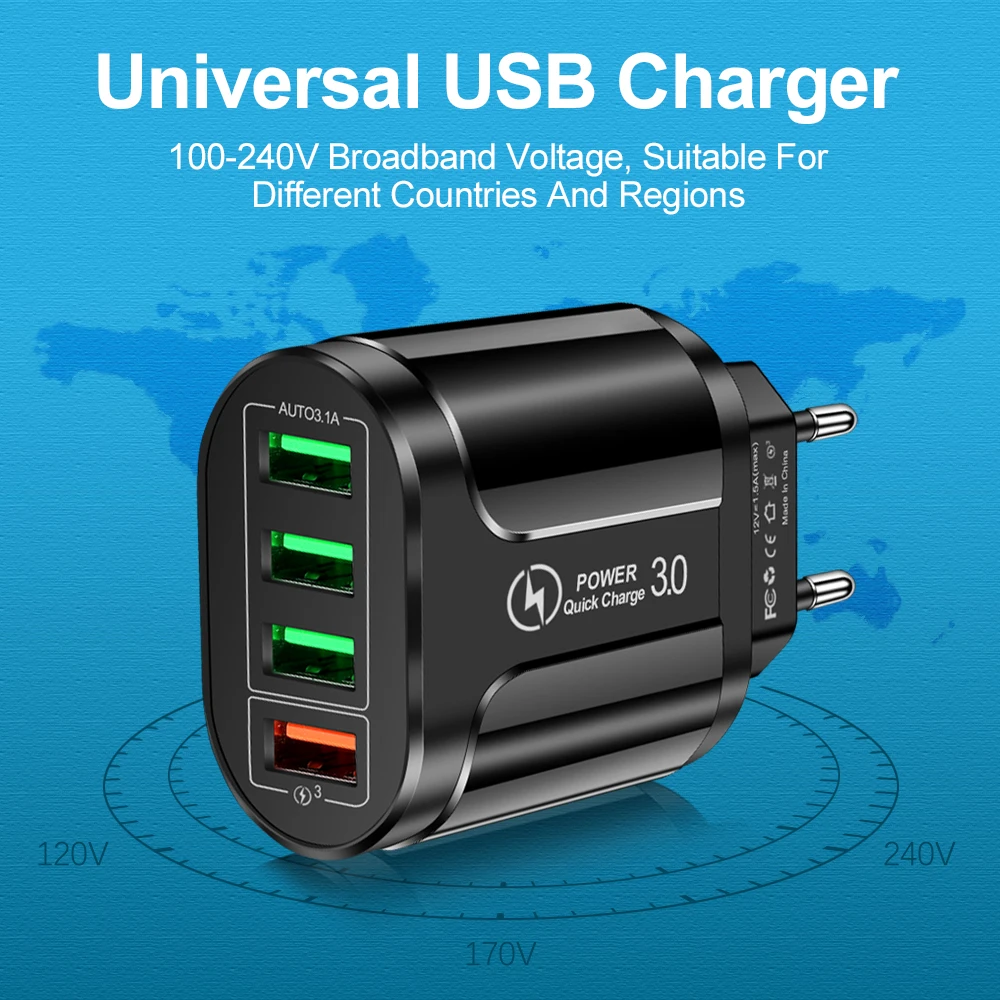 48W 4-Port USB Fast Charger QC3.0 Fast Charging Station for iPhone Samsung Xiaomi Tablet Travel Wall Adapter EU US KR Plug