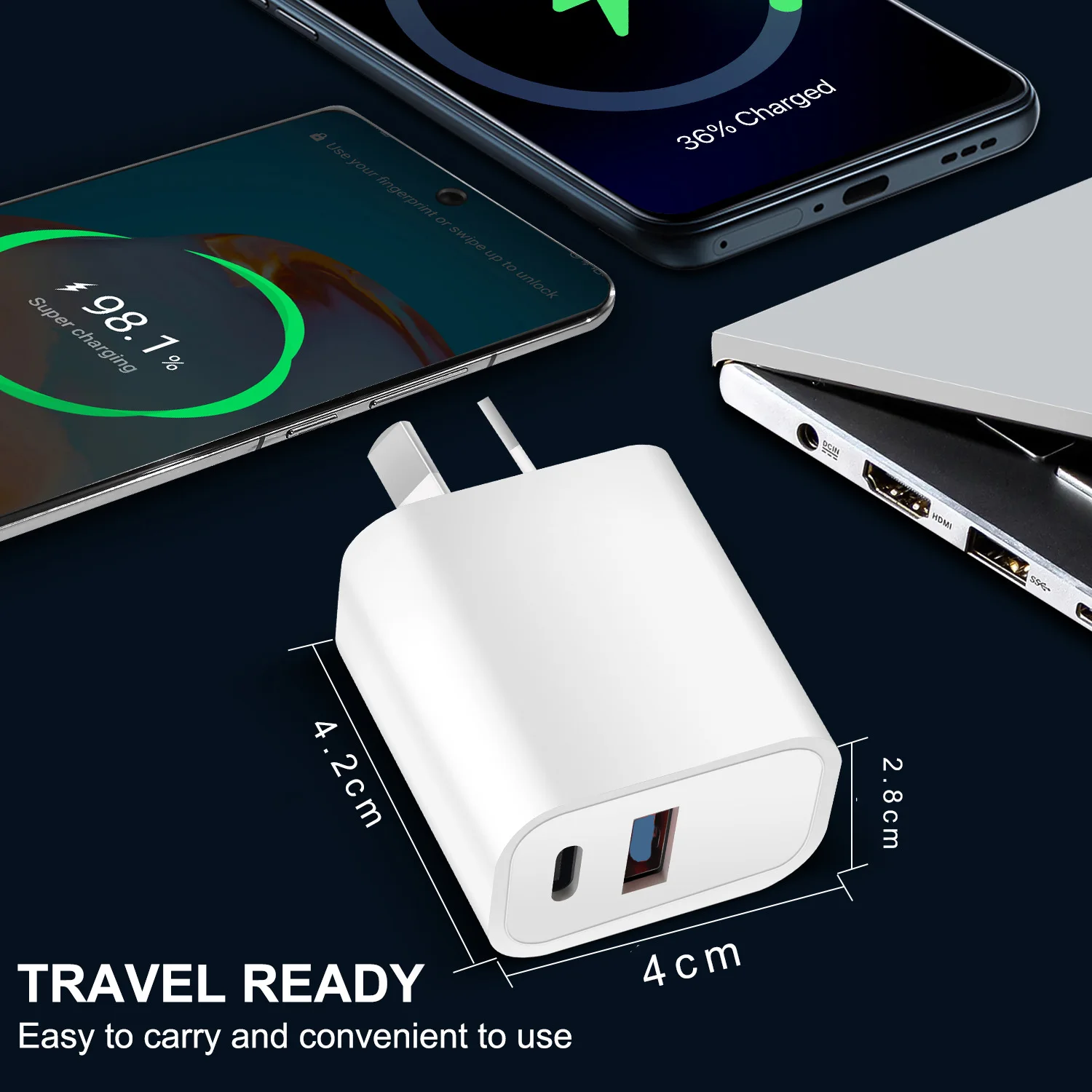 Dual Port PD Fast Charger AU Plug, USB-C + USB-A Wall Charger Adapter for iPhone, Samsung, Android Phones & Tablets