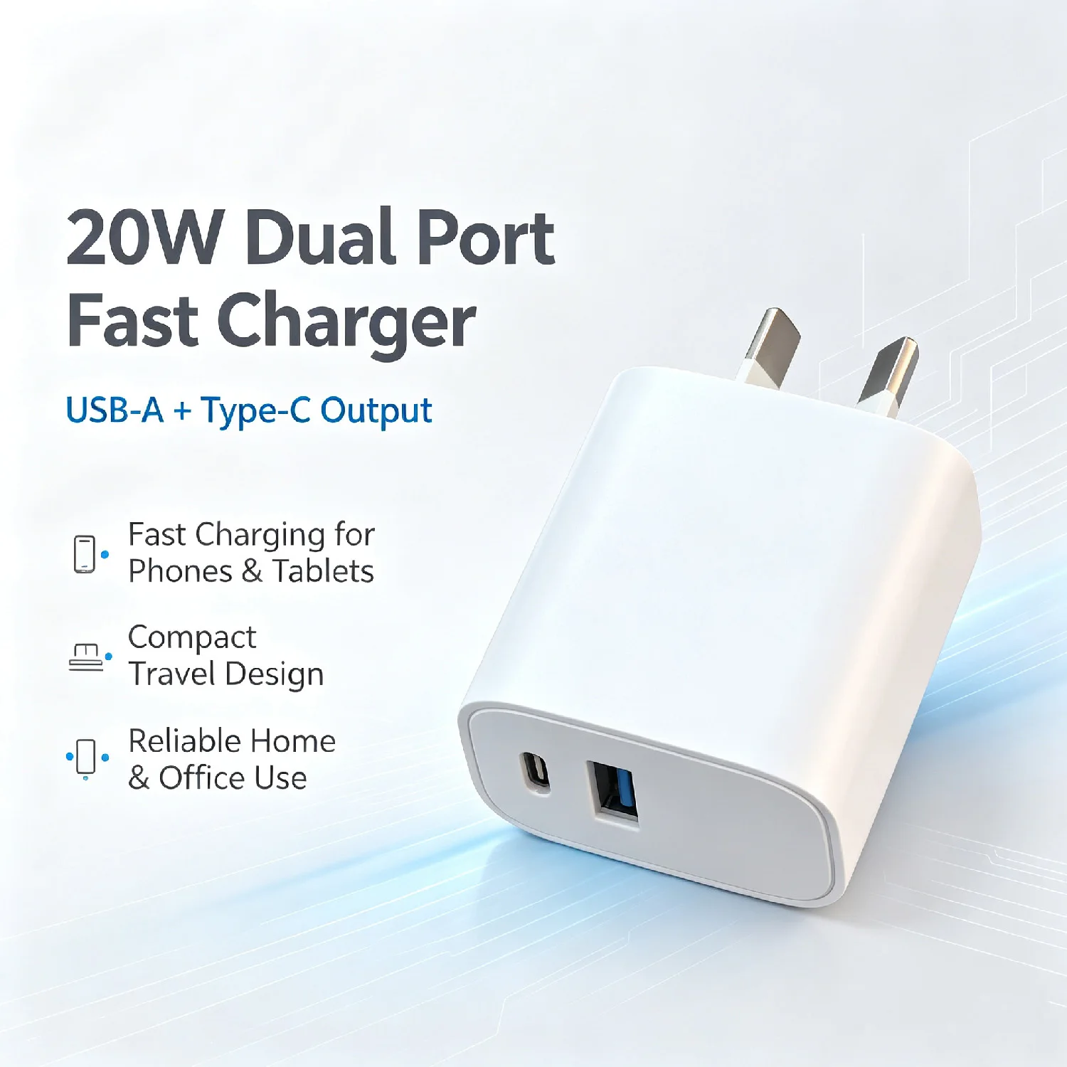 Dual Port PD Fast Charger AU Plug, USB-C + USB-A Wall Charger Adapter for iPhone, Samsung, Android Phones & Tablets