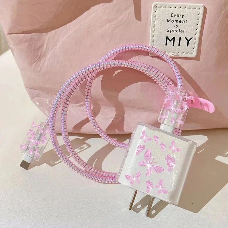 Cable Charger Protector Case for IPhone 15 14 13 16 20W Charger Protection Cover Butterfly Style Cord Winder Spiral Protective