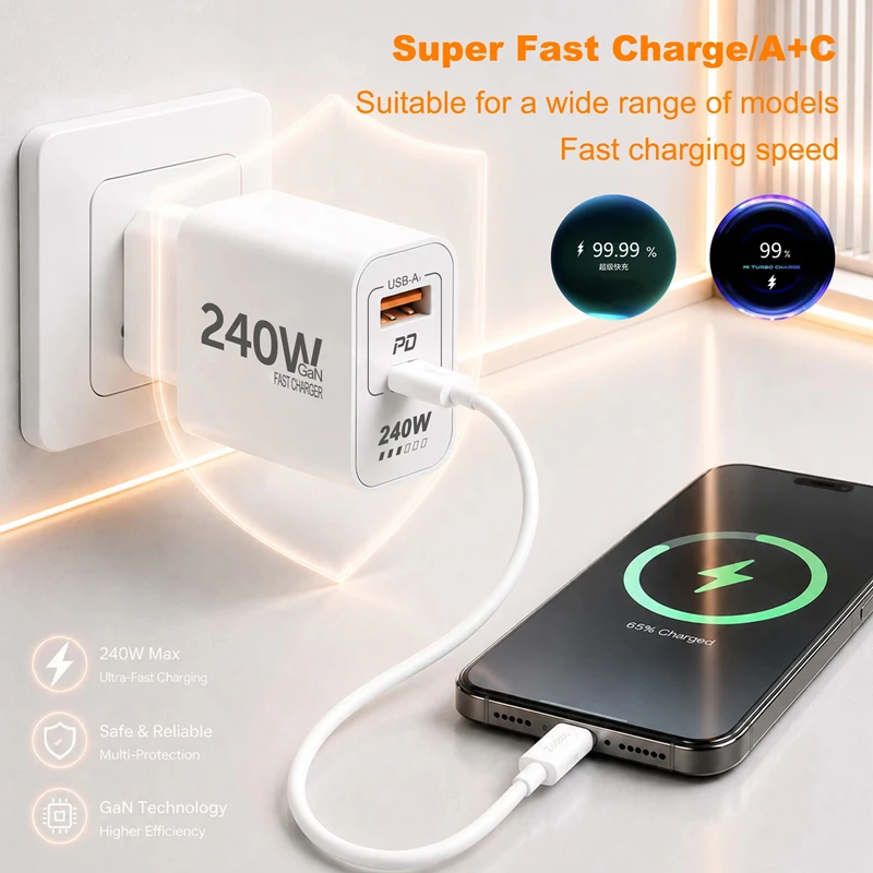  240W Fast Charging Adapter 5 IN 1 GaN Desktop Charger For IPhone17 16Pro Laptop Samsung USB C To Type-C Cable 3PD 2USB Charger