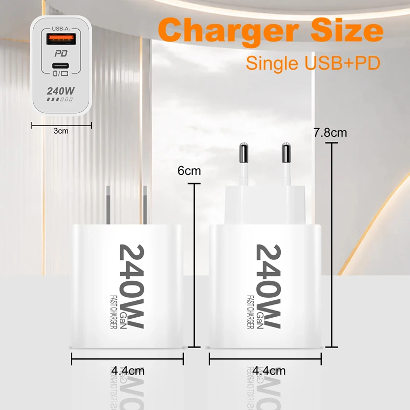  240W Fast Charging Adapter 5 IN 1 GaN Desktop Charger For IPhone17 16Pro Laptop Samsung USB C To Type-C Cable 3PD 2USB Charger