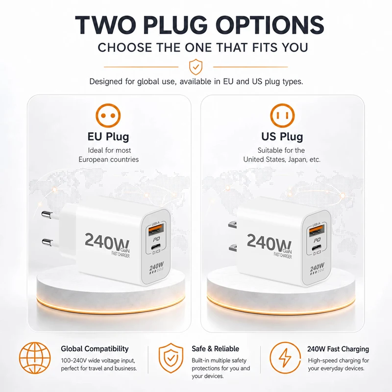 New Original 240W GaN Fast Charger USB PD 2 In 1 Super Fast Charging EU/US Plug Adapter for IPhone15 16 17 Samsung Huawei Xiaomi