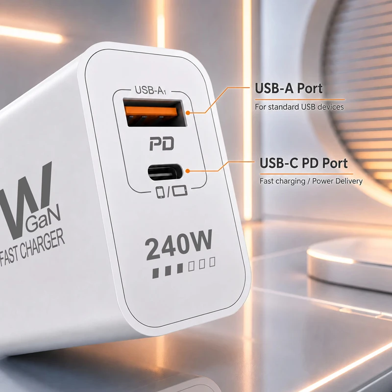 New Original 240W GaN Fast Charger USB PD 2 In 1 Super Fast Charging EU/US Plug Adapter for IPhone15 16 17 Samsung Huawei Xiaomi