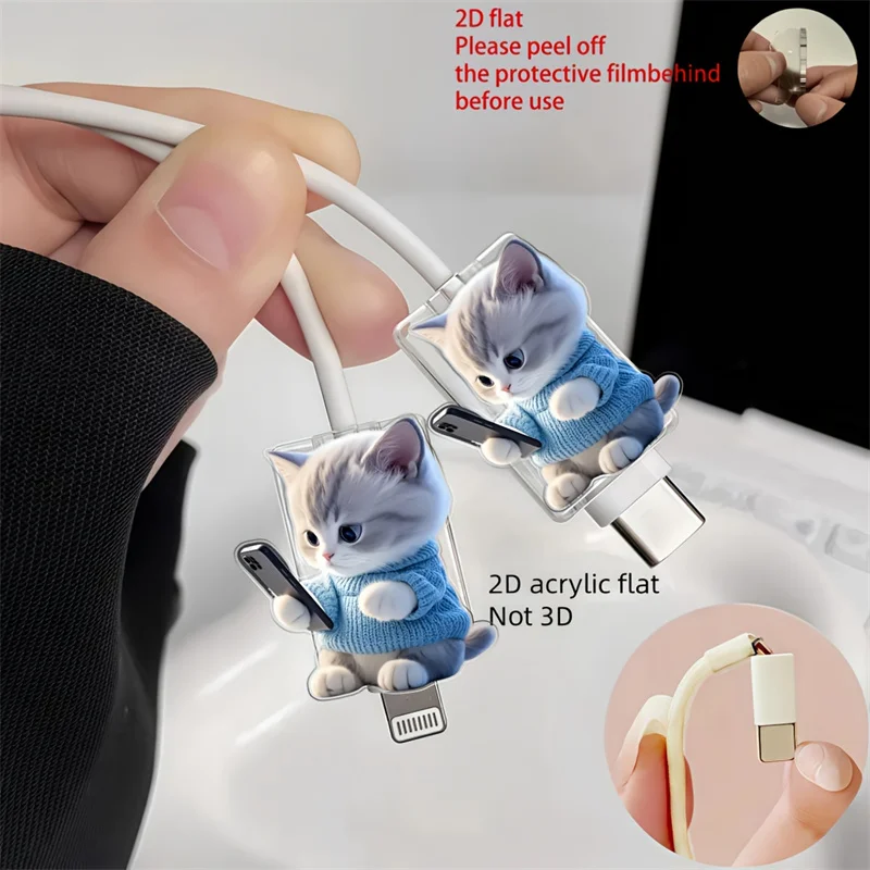 2D Flat 2pcs Cute Cat Phone Charger Cable Protectors Adorable Kitten Design Connector Cover For iPhone Type-C Charging Interface