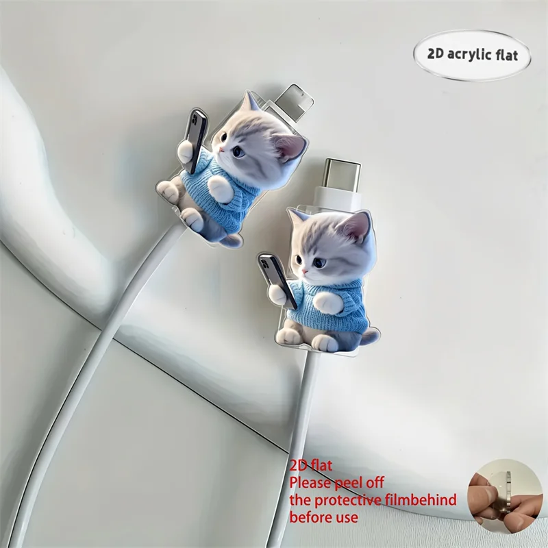 2D Flat 2pcs Cute Cat Phone Charger Cable Protectors Adorable Kitten Design Connector Cover For iPhone Type-C Charging Interface