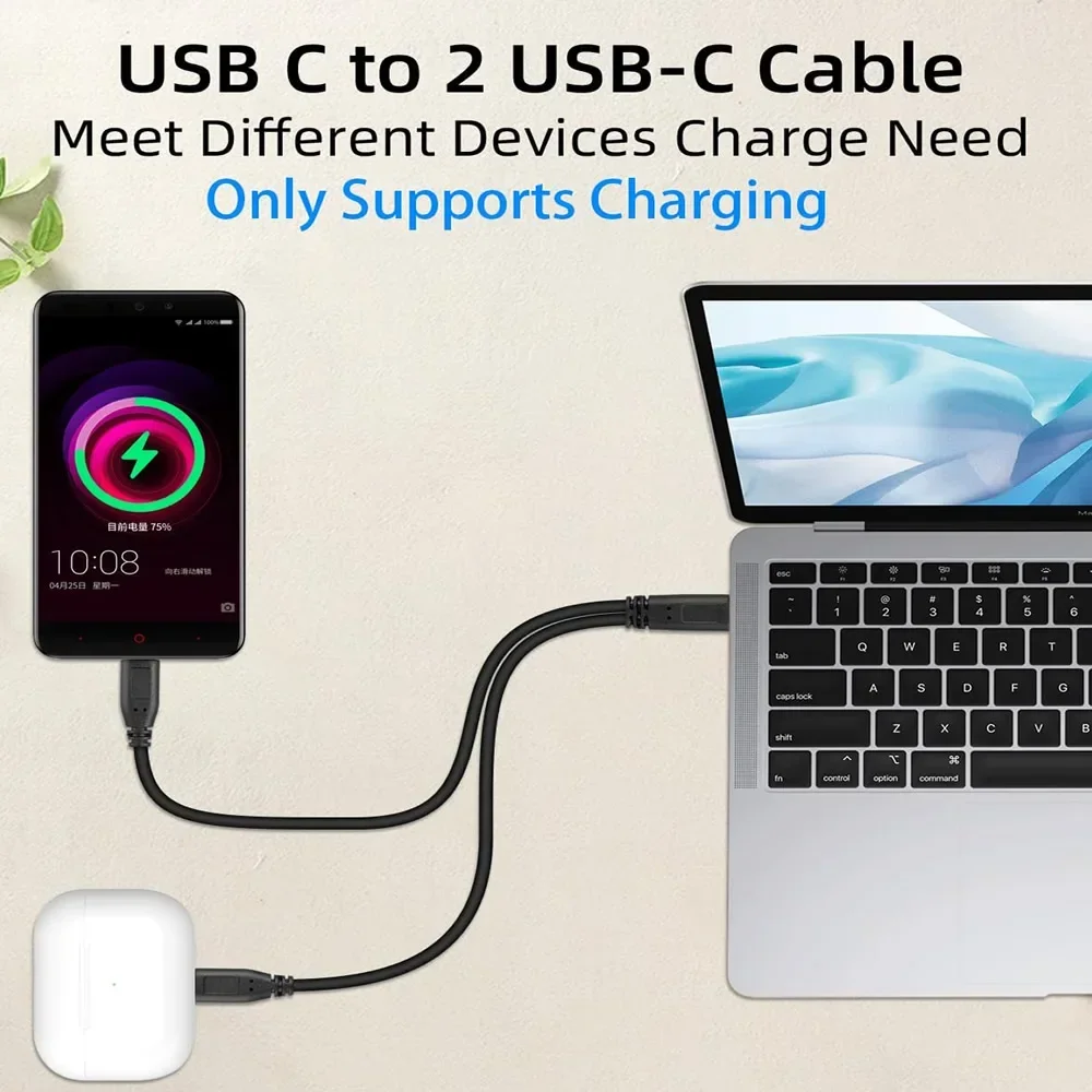 20cm 1 to 2 Out Dual USB C Charging Cord, Short USB Type C to Type C Splitter Cable, Portable Multi USB-C Hubs Charging Cable