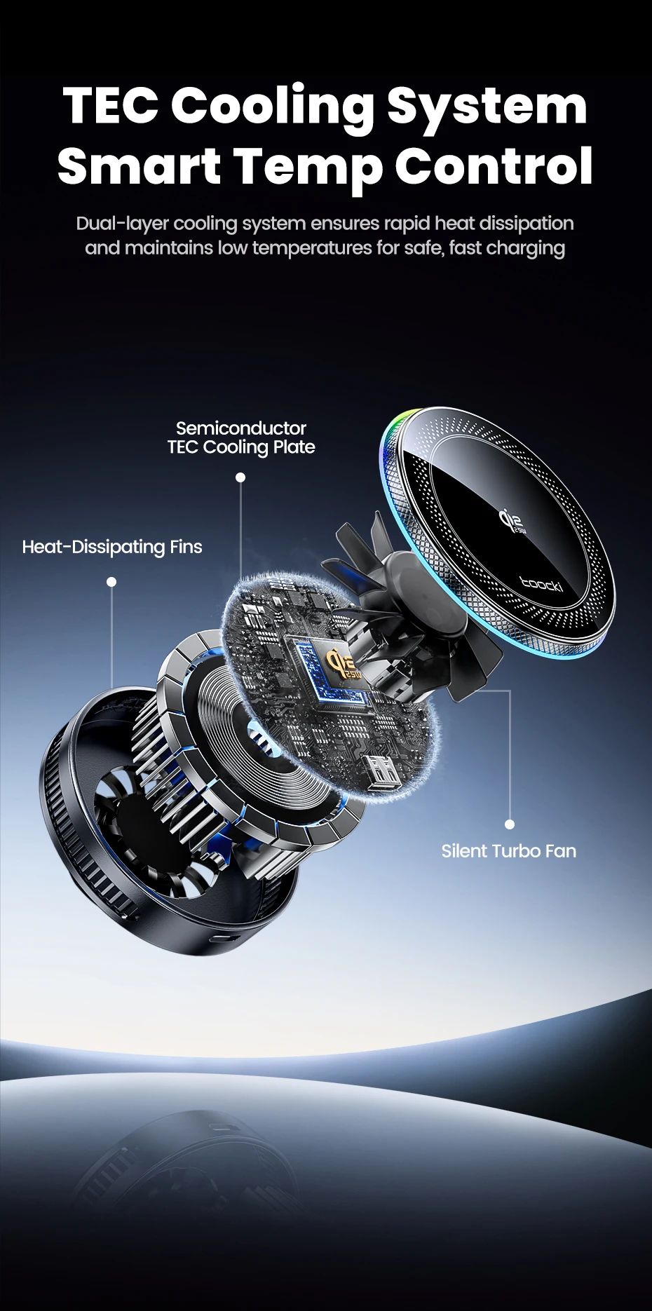 Toocki Qi2.2 25W Wireless Charger Magnetic Car Phone Holder TEC Cooling for iPhone 17 16 15 Samsung S26 S25 for Magsafe Charger