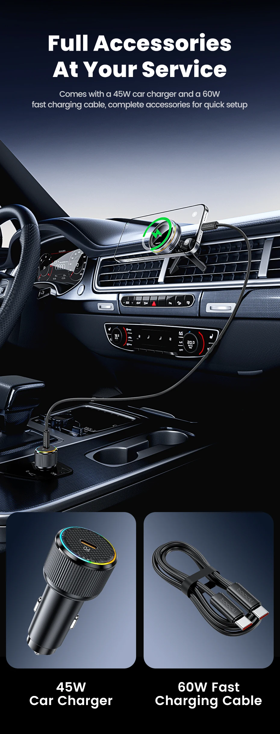 Toocki Qi2.2 25W Wireless Charger Magnetic Car Phone Holder TEC Cooling for iPhone 17 16 15 Samsung S26 S25 for Magsafe Charger