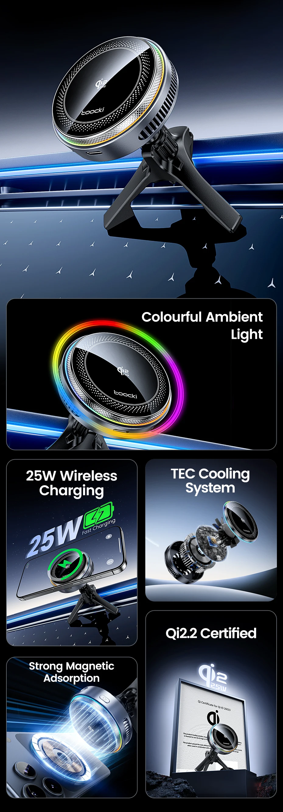 Toocki Qi2.2 25W Wireless Charger Magnetic Car Phone Holder TEC Cooling for iPhone 17 16 15 Samsung S26 S25 for Magsafe Charger