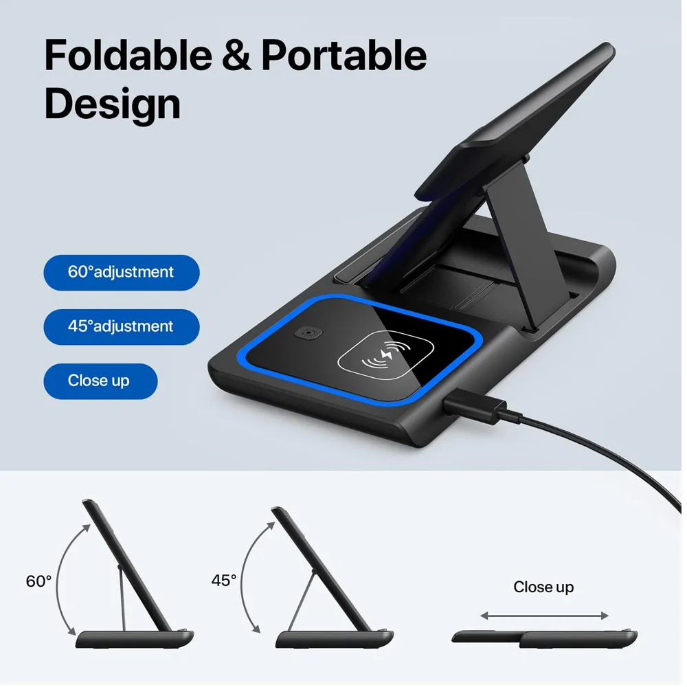30W 3 in 1 LED Fast Wireless Charger Stand Foldable Charging Station For iPhone 17- 12 Apple Watch 9 8 7 6 5 Airpods Pro