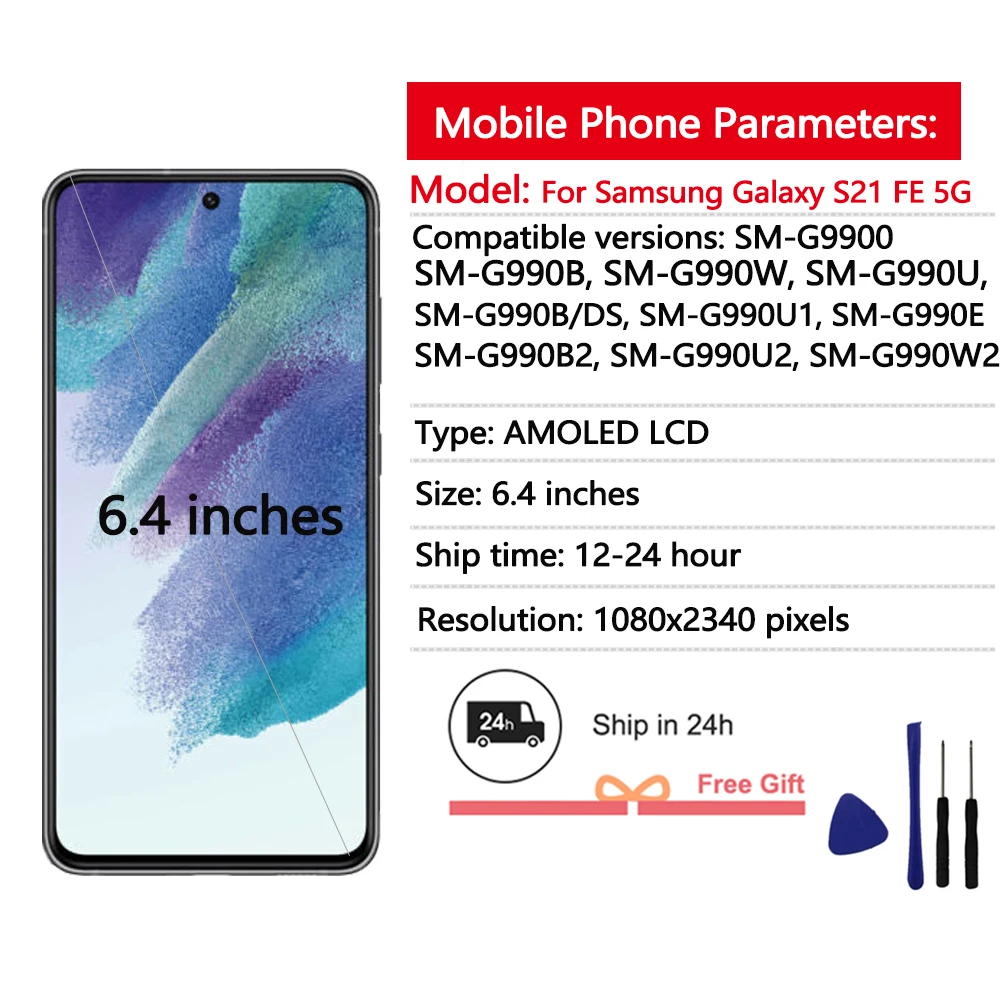 6.4''New AMOLED Display For Samsung Galaxy S21 FE 5G LCD Display Touch Screen Digitizer For Samsung S21 FE Display Replacement