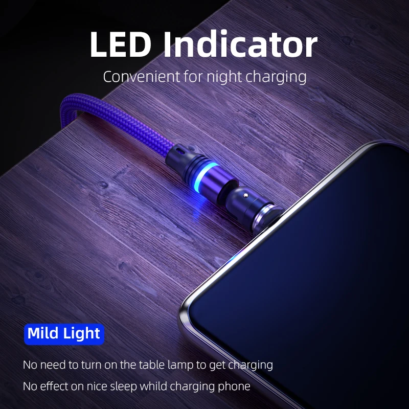 AUFU 3 in 1 540 Rotate Magnetic Type C Cable Micro USB Magnet Fast Charging Cable With LED For iPhone Xiaomi Huawei Samsung POCO