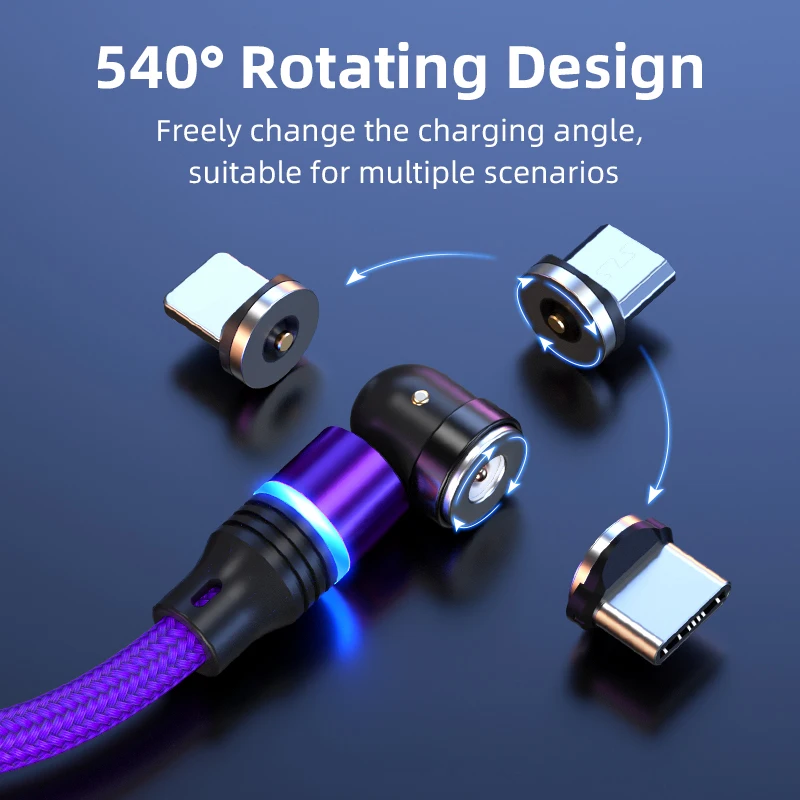 AUFU 3 in 1 540 Rotate Magnetic Type C Cable Micro USB Magnet Fast Charging Cable With LED For iPhone Xiaomi Huawei Samsung POCO