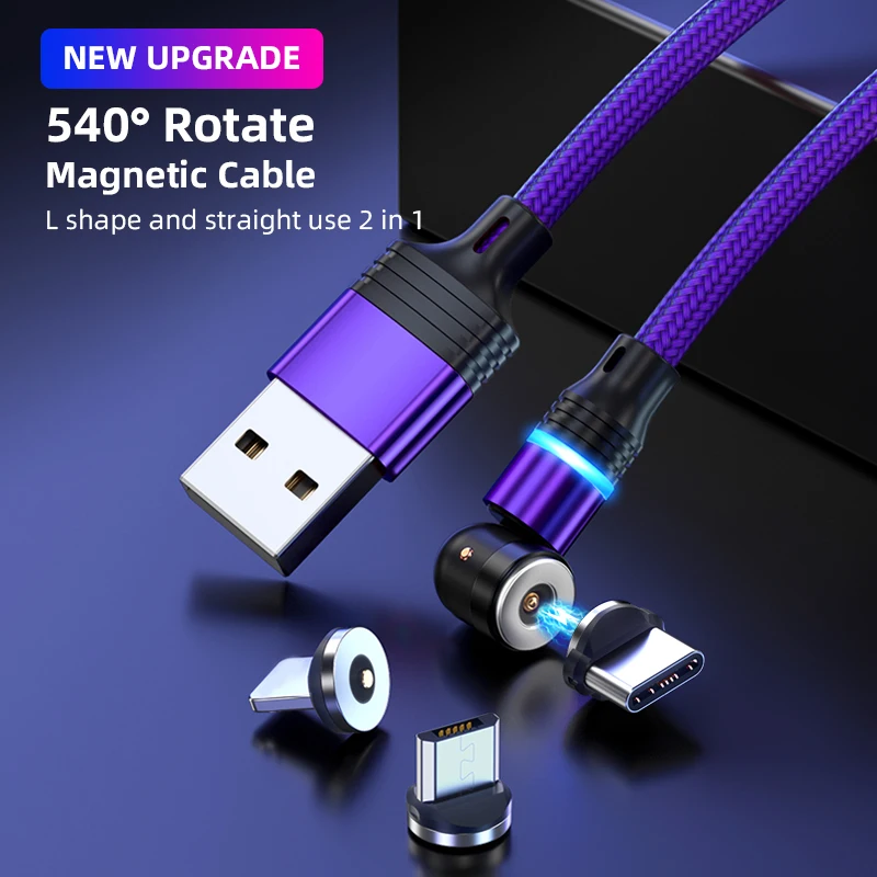 AUFU 3 in 1 540 Rotate Magnetic Type C Cable Micro USB Magnet Fast Charging Cable With LED For iPhone Xiaomi Huawei Samsung POCO