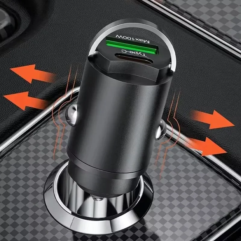100W Mini Car Charger QC 3.0 Fast Charging PD USB Type C Pull Ring Car Phone Charger Adapter For Iphone 15 Xiaomi Samsung Huawei