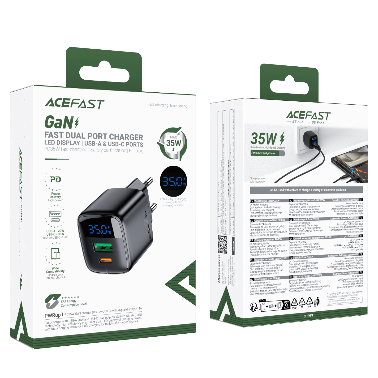 ACEFAST GaN 35W Fast Charging USB C Phone Charger For Samsung S25 S24 PD QC Quick Charge Wall Adapter With LED Digital Display