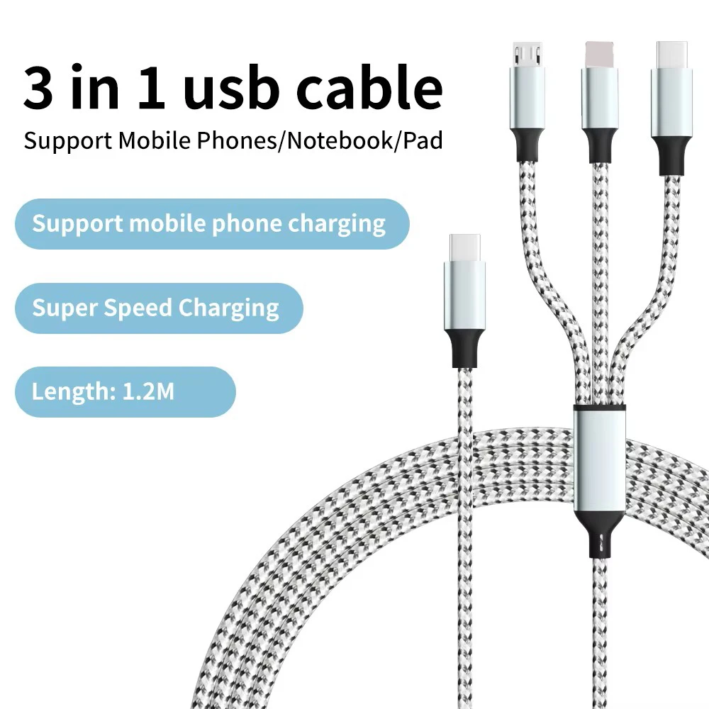 3 in 1 Fast Charging Type C USB Cable Type C Usb Micro For Iphone Samsung Huawei Xiaomi Multi Port Multiple Charging Wire