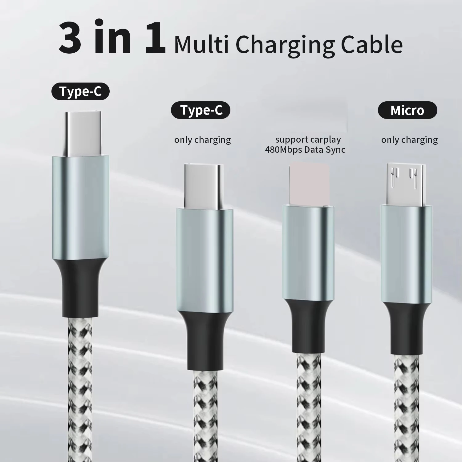 3 in 1 Fast Charging Type C USB Cable Type C Usb Micro For Iphone Samsung Huawei Xiaomi Multi Port Multiple Charging Wire