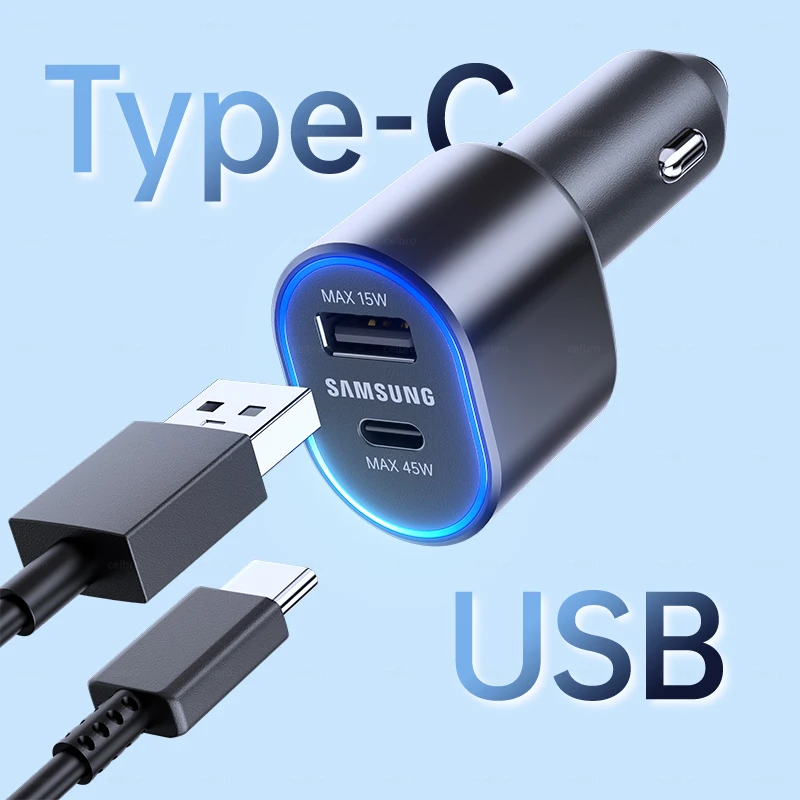 45W Original Type C Car Charger USB A 60W Fast Charging 5A PD Cable Phone Samsung Galaxy S25 S24 S23 S22 Ultra Note 20 A56 Tipo