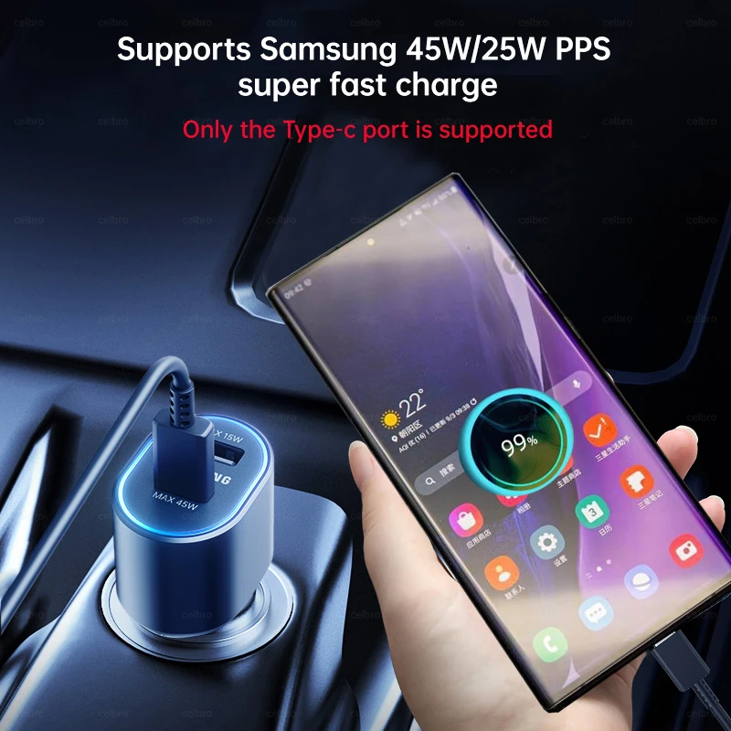 45W Original Type C Car Charger USB A 60W Fast Charging 5A PD Cable Phone Samsung Galaxy S25 S24 S23 S22 Ultra Note 20 A56 Tipo