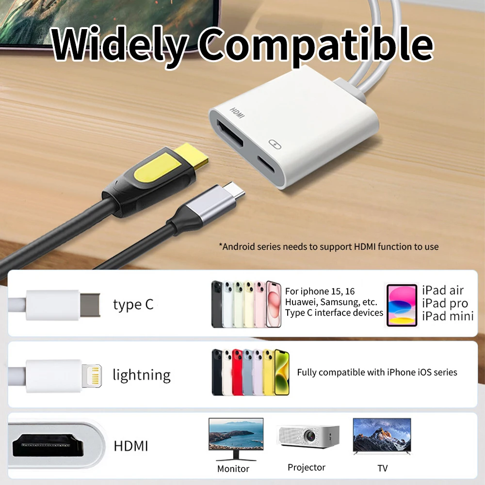 Lightning/Type C USB C Digital AV HDMI Adapter 4K@30Hz For iPhone 17 16 15 14 13 12 11 Pro Max XS XR for HDTV Projector Monitor