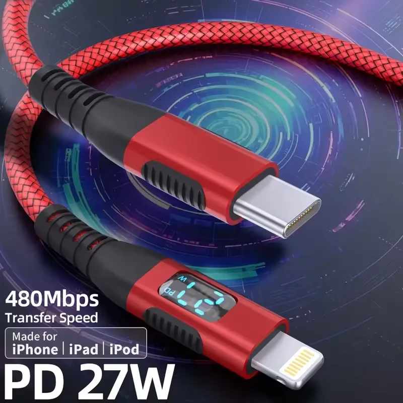 MFi Certified USB C to Lightning Cable LED Display PD Fast Charging Smart Charging Indicator Red Braided Nylon For iPhone 14