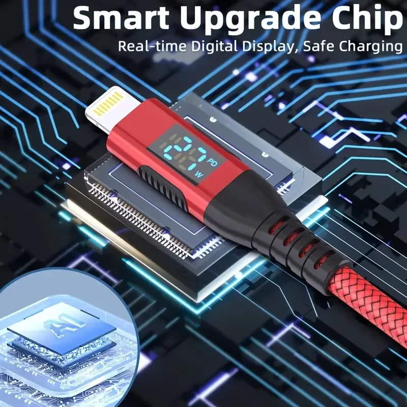 MFi Certified USB C to Lightning Cable LED Display PD Fast Charging Smart Charging Indicator Red Braided Nylon For iPhone 14