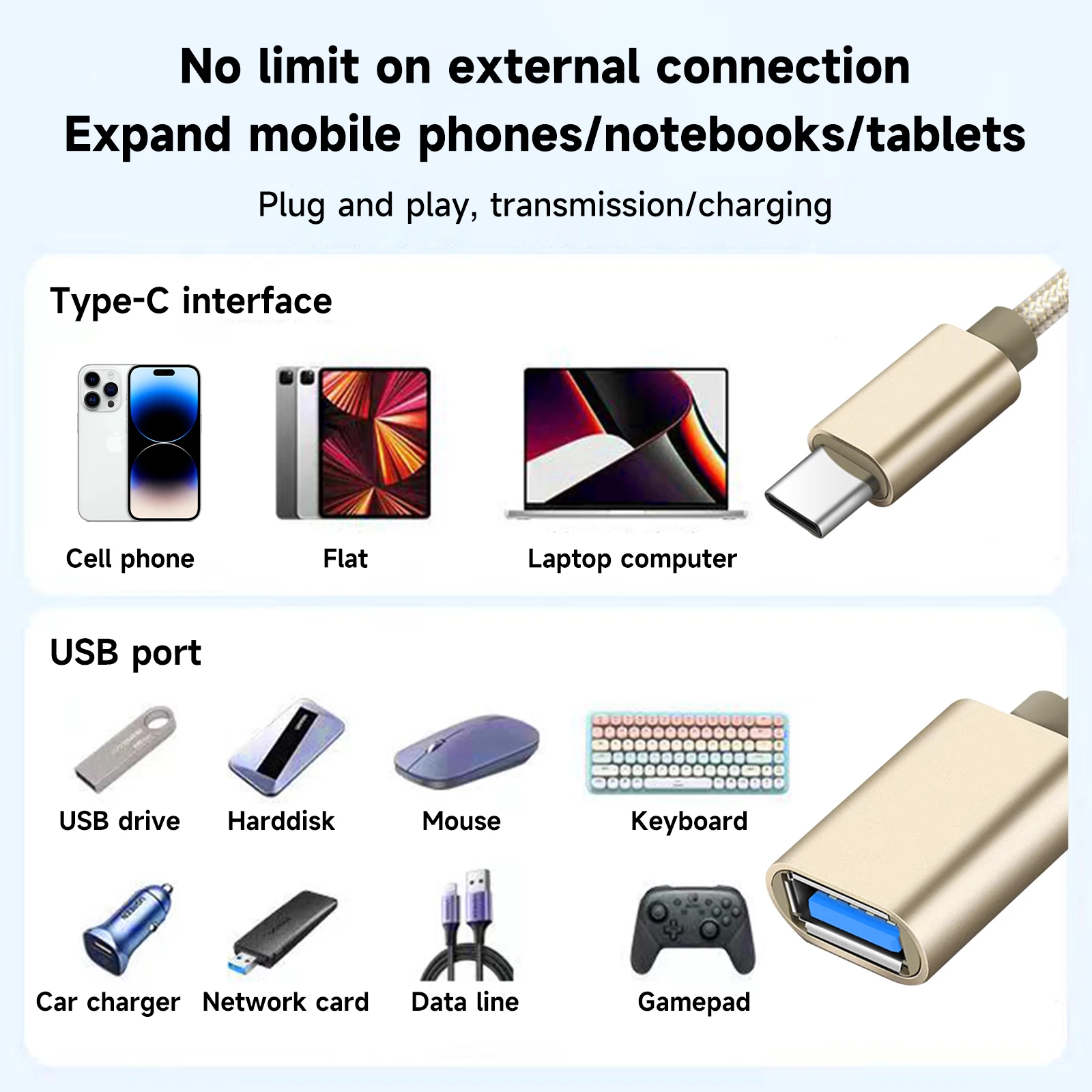 USB-C to USB Adapter, USB-C Male to USB Female OTG Data Cable for Smartphones, Tablets, Laptops & More