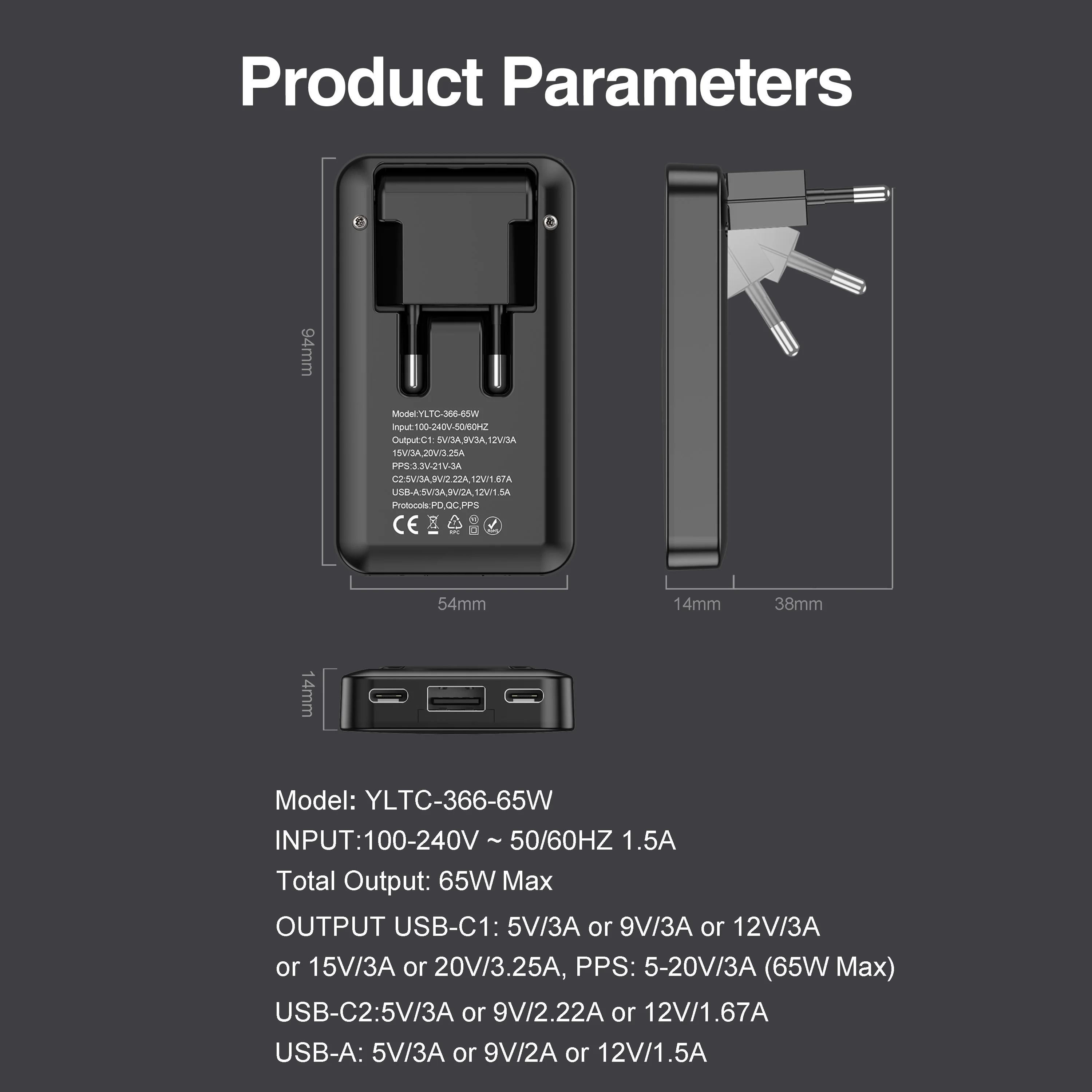 New 65W Power Adapter Foldable, Slim 65W Charger Multi-Port Charger 3 Port 2C1A Fast Charging For Phones Tablets and More